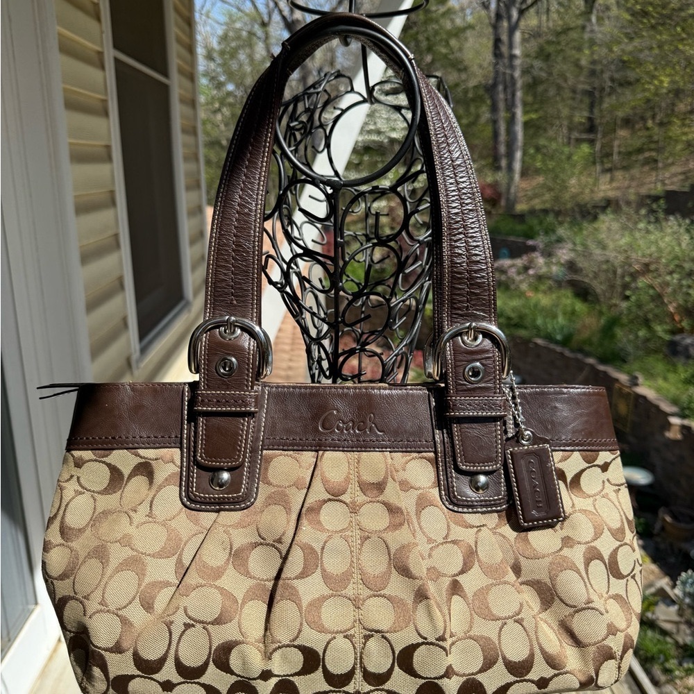 Coach Soho Pleated Shoulder Bag Khaki Signature Canvas Brown Leather Trim